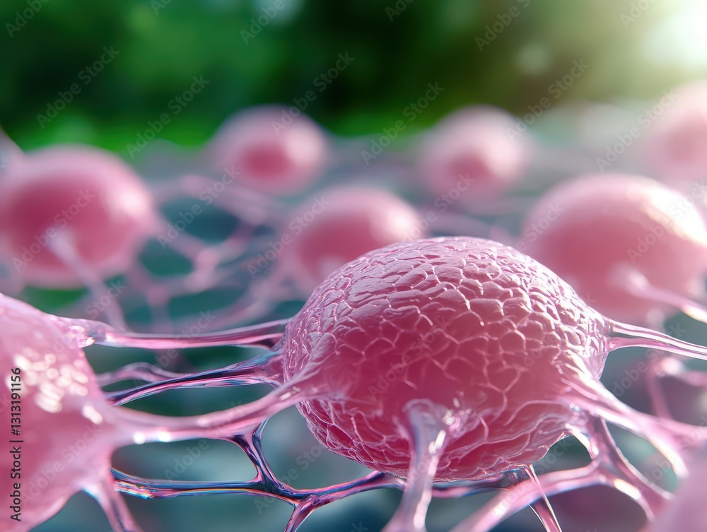 Poster Stunning microscopic image of a pink cell showcasing unique features and characteristics under advanced imaging techniques