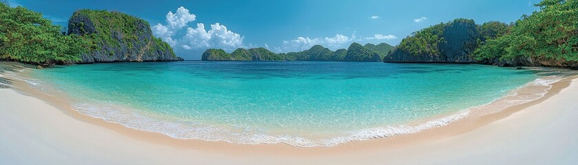 Obraz premium A stunning beach scene features soft, golden sand meeting crystal-clear blue waters, gently lapping at the shore under a bright, sunny sky dotted with fluffy white clouds.