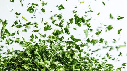 Fresh Green Herb Chopped Leaves Flying in The Air Against White Background