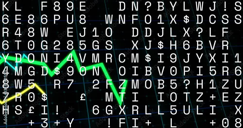 Poster animation of green line graph fluctuating over random characters on dark background