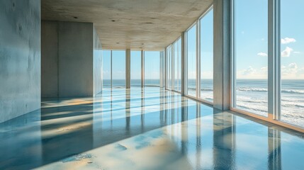 Fototapeta premium Empty modern room with ocean view, ideal for relaxation or workspace