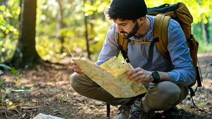 Hiker studies a map while exploring a forest trail during the afternoon light in nature