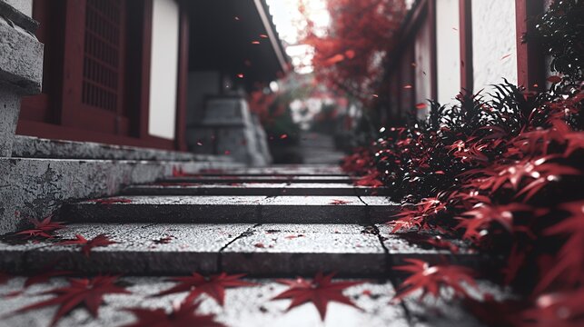 Stone Steps Leading Through a Japanese Temple Garden in Autumn
