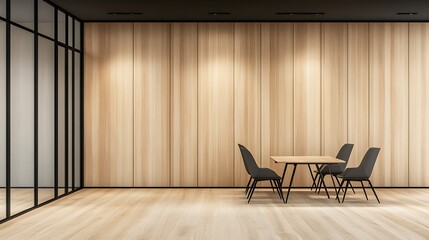 Modern Minimalist Office Dining Area: 3D Render of Light Wood Paneling and Glass Wall AI Generated