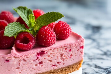 Closeup of a creamy pink raspberry cheesecake slice, garnished with fresh raspberries and mint leaves. A delectable dessert, perfect for any occasion.