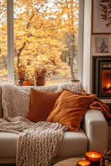 Cozy Autumn Living Room with Fireplace and Fall Decor
