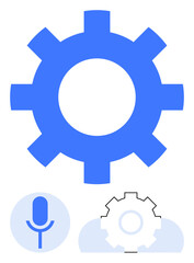 Large gear icon above a microphone and smaller outlined gear, symbolizing automation, technology, communication, and innovation. Ideal for tech, AI, workflow, progress teamwork industry