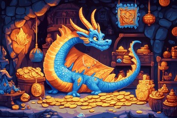 Obraz premium A friendly dragon in a treasure filled stone cave smiling happily