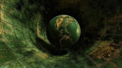 Earth in a Green Cosmic Tunnel with Textured Background