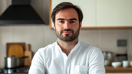 Obraz premium Confident Man Standing in Modern Kitchen with Arms Crossed