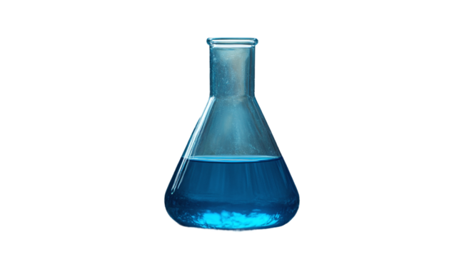Chemistry science laboratory beaker or flask with liquid, illustrating medical research or biochemistry analysis with a blue color theme for laboratory settings.