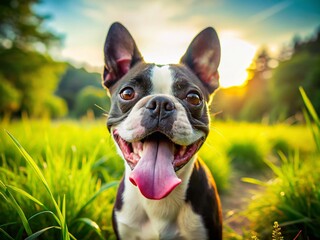 Boston Terrier Dog Portrait, Tongue Out, Happy, Outdoor Landscape