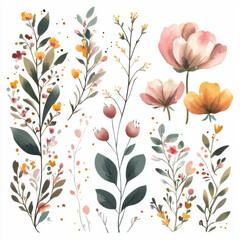 wildflower boho theme, watercolor floral clipart elements