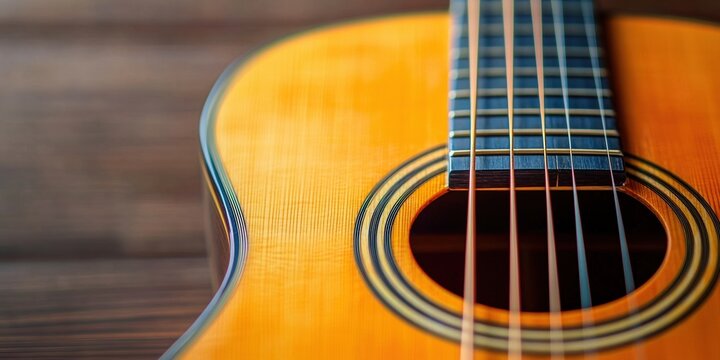 Music Production Effects Concepts. Close-up of an acoustic guitar showcasing strings and wood grain.