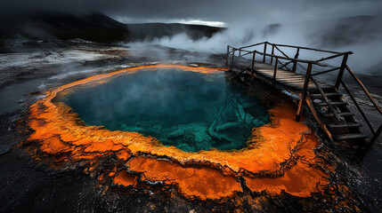 Fototapeta premium Steam Rising from Geothermal Spring in Volcanic Valley with Turquoise Mineral Pools in Nature Photography 