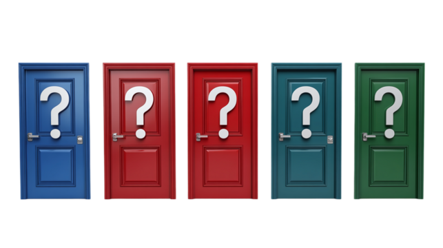 Five doors of different colors with a question mark sign, isolated on a transparent background, representing business choices, confusion, and searching for answers.