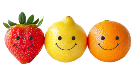Happy smiley face on strawberry, lemon, and orange, a set of three summer fruits isolated on a transparent background, symbolizing joy, freshness, and vibrant fruit flavors.