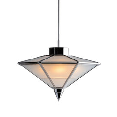 modern pendant light with geometric design and warm glow, featuring metallic frame and frosted glass panels, hanging from ceiling