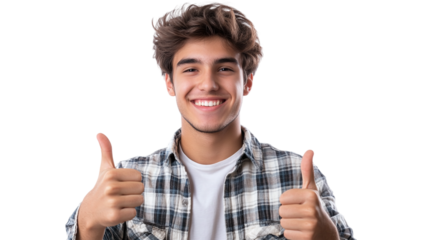 Happy young man with his thumbs up, smiling and showing a good hand gesture, isolated on a transparent background, representing success, positivity, and approval.