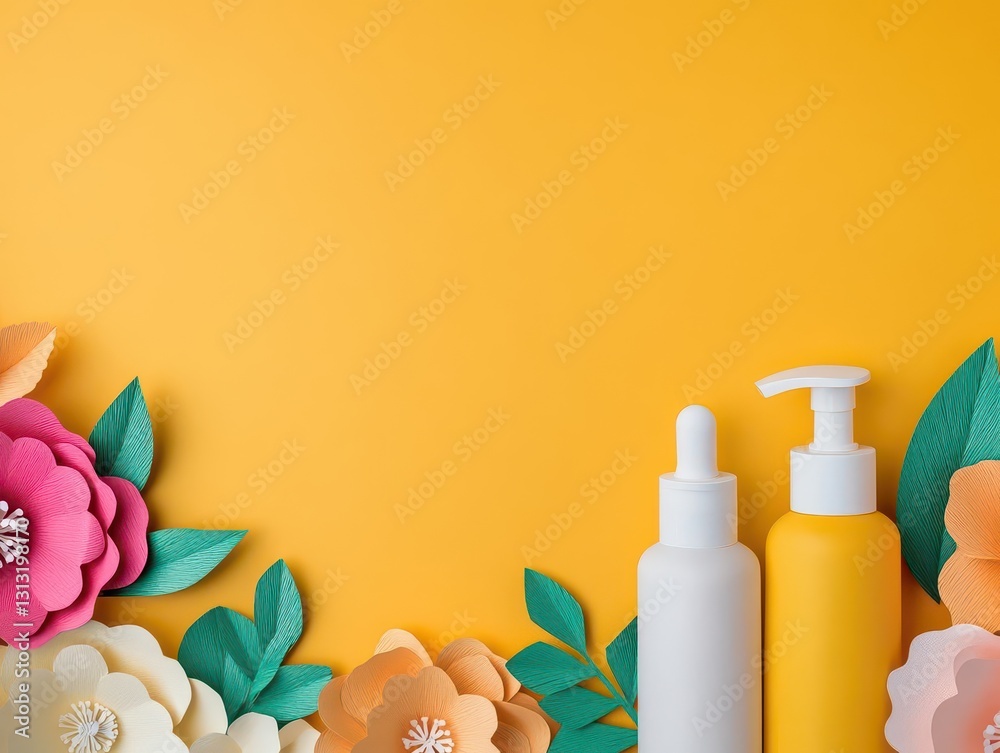 Aufkleber bright yellow background featuring colorful paper flowers and a stylish bottle of lotion creating a 