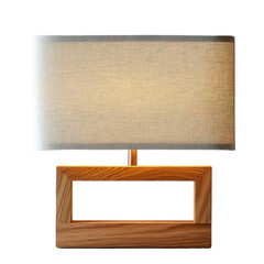 modern table lamp with rectangular wooden base and fabric shade emits warm glow, creating cozy atmosphere