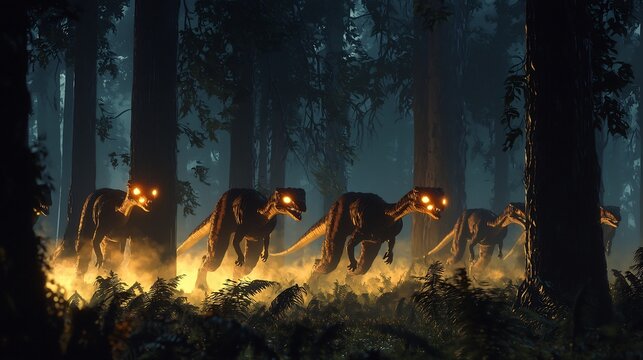 Pack of Dimorphodon hunting in the twilight their eyes glowing