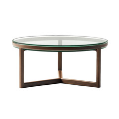 modern round glass coffee table with wooden frame and minimalist design. table features clear glass top supported by sturdy wooden base, ideal for contemporary living spaces
