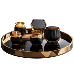 luxurious black and gold candle holder set with lit candles creates warm ambiance. elegant design features round tray and hexagonal mirror, perfect for home decor