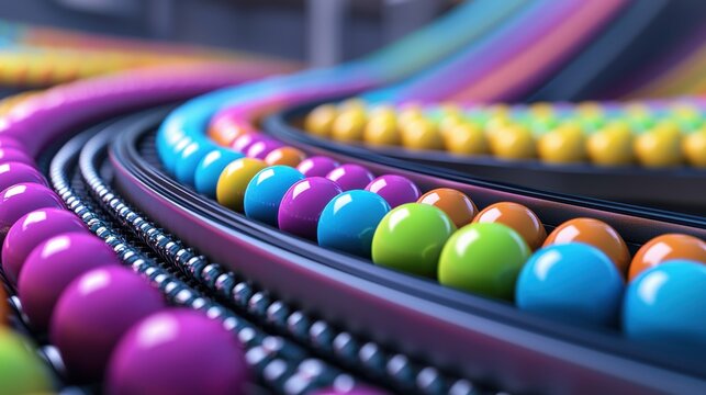 Colorful Spheres Conveyor System Conveying Colorful Shiny Balls Abstract Conceptual Design