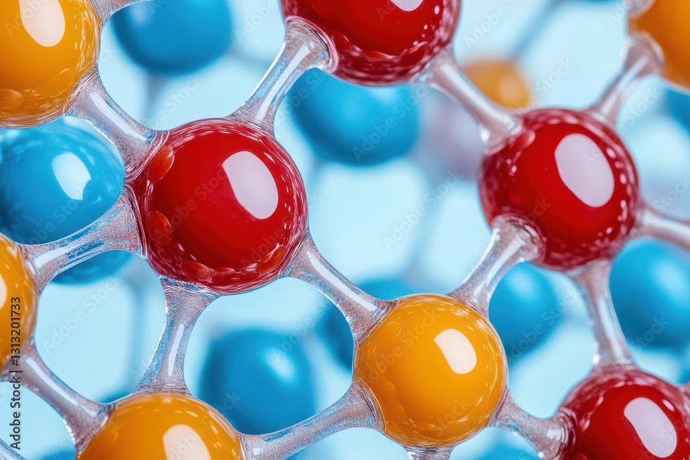 Poster Colorful molecular structure representing chemical bonds with various colored balls and connecting lines in 3d view