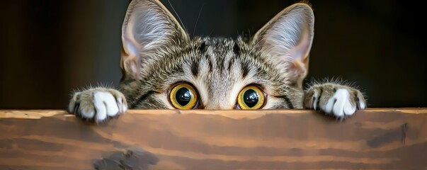 Obraz premium Curious Cat Peeking Over Wooden Plank with Intense Eyes and Striped Fur Pattern Cute Pet Feline