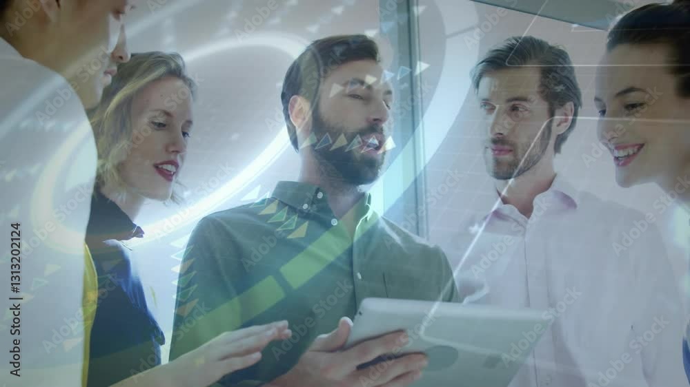 Poster business team discussing over digital data processing animation in office setting
