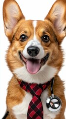 Cheerful Corgi Doctor with Red and Black Tie and Stethoscope Promoting Pet Wellness and Animal Health