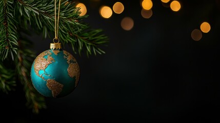 Fototapeta premium Earth Ornament Hanging on Evergreen Branch Bringing Global Holiday Cheer and Festive Season Spirit