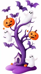 Naklejka premium Spooky Halloween Tree with Ghosts Pumpkins and Bats Adorned Haunting Illustration