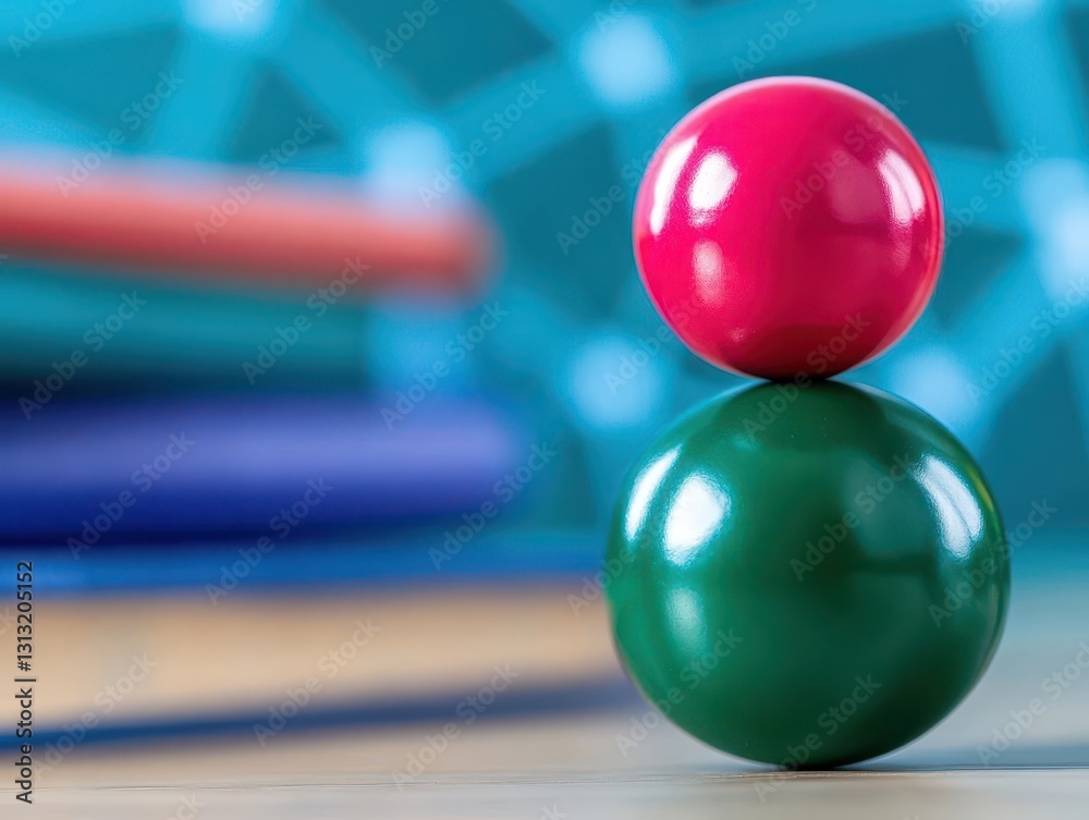 Aufkleber vibrant red and green ball resting on a wooden table surface with natural light creating a playful a