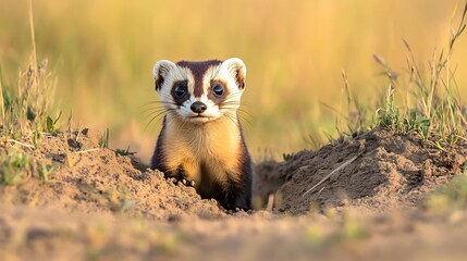Playful Black footed Ferret emerging from its burrow its small masked face curiously peeking out in the prairie grasslands