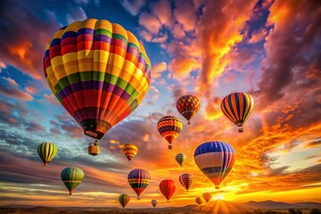 Fototapeta premium Colorful Hot Air Balloons Soaring at Sunset, Long Exposure Photography