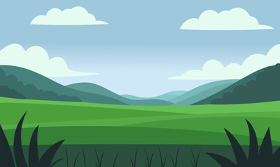 Obraz premium Peaceful Green Meadow Field Hills Nature Landscape with Grass in Summer