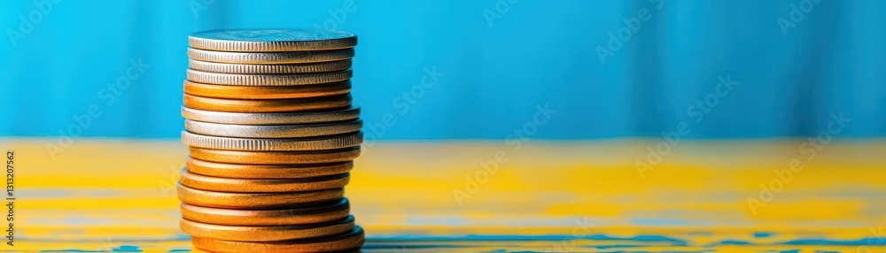 Poster Close-up of a stack of coins displaying financial growth and wealth accumulation with a soft background