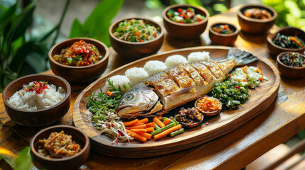 Fototapeta premium A large fish is steamed on an oval wooden plate, surrounded by various side dishes such as rice and vegetables in small bowls, generative AI