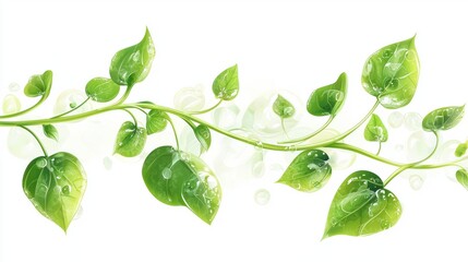 Obraz premium Fresh Green Leaves with Water Droplets on a White Background