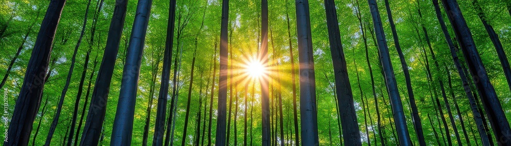 Poster The sun shining through a canopy of trees creating a beautiful and serene atmosphere in a lush green landscape