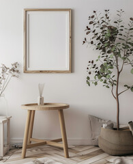 poster frame mockup in a minimalist modern living room interior with wooden furniture