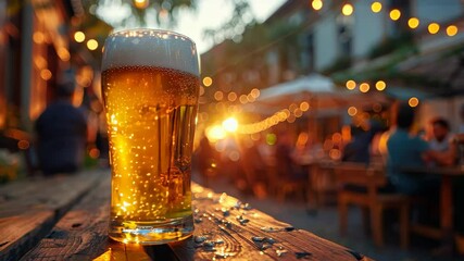 large glass of beer is placed on the table at an outdoor bar