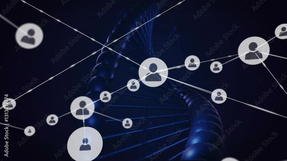 Poster animation of dna strand connecting user icons over dark background