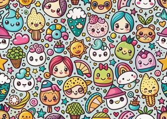 Fototapeta premium Cute Anime Doodle Patterns: Hand-Drawn Kawaii Style Backgrounds for Design Projects