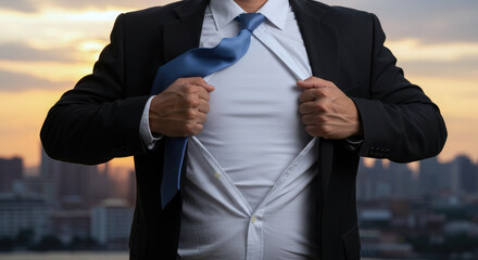 Businessman ripping open his shirt to reveal a white costume underneath on cityscape background.