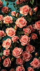 Naklejka premium A vibrant garden filled with an abundance of blooming pink roses, their delicate petals unfurling in various shades of pink, surrounded by lush green foliage and sunlight filtering through the leaves.