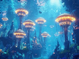 Enchanting deep-sea scene of luminescent flora, bathed in gentle blue light, offers a captivating glimpse into an underwater world.